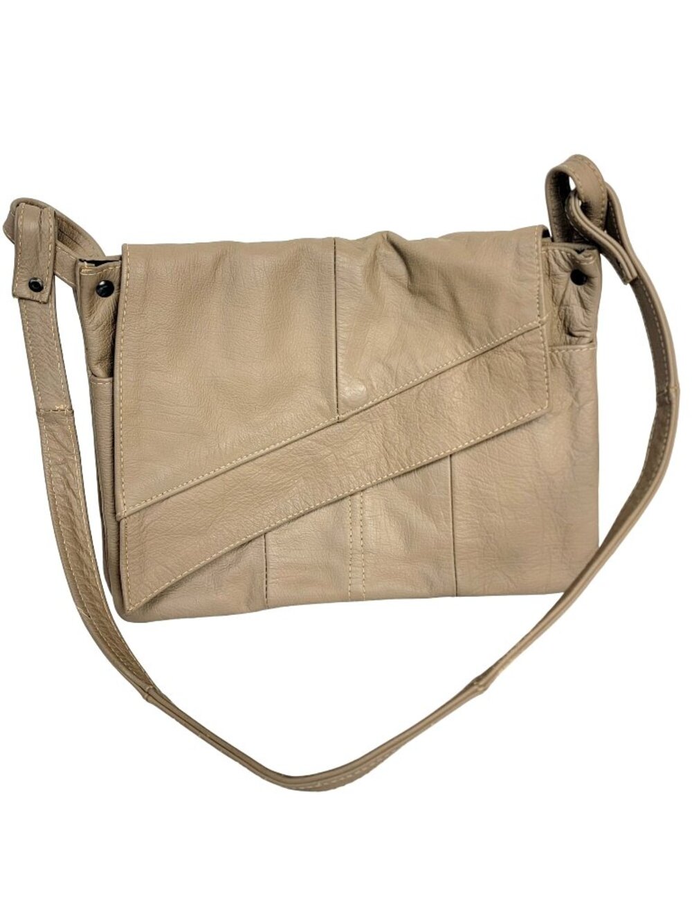 Vintage Leather Shoulder Bag Fold Over Snap Button Purse Handbag Women Tan 90s